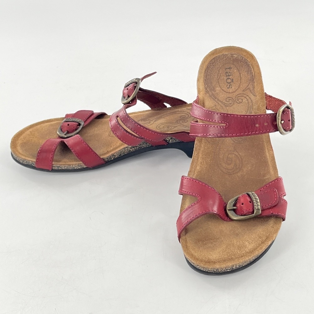 Taos Slide Leather Flat Strappy Sandal Women EU 38 US 7-7.5 Red Buckle Cork